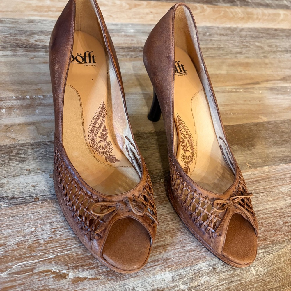 Sofft Brown Leather Woven Peep Toe Bow Pumps Heels 1217700 Womens 9M - Picture 7 of 13